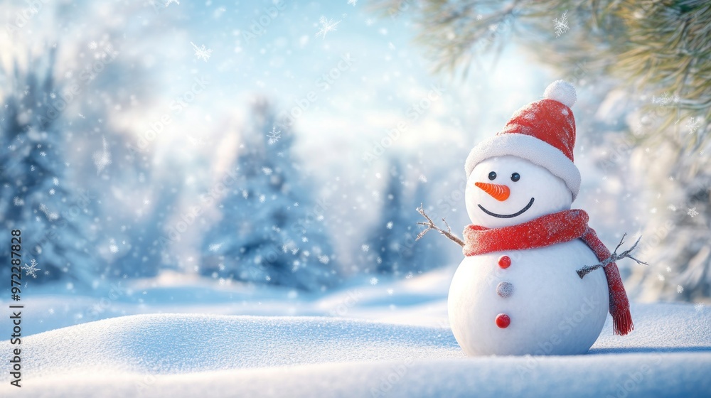 Fototapeta premium cheerful snowman in a snowy landscape