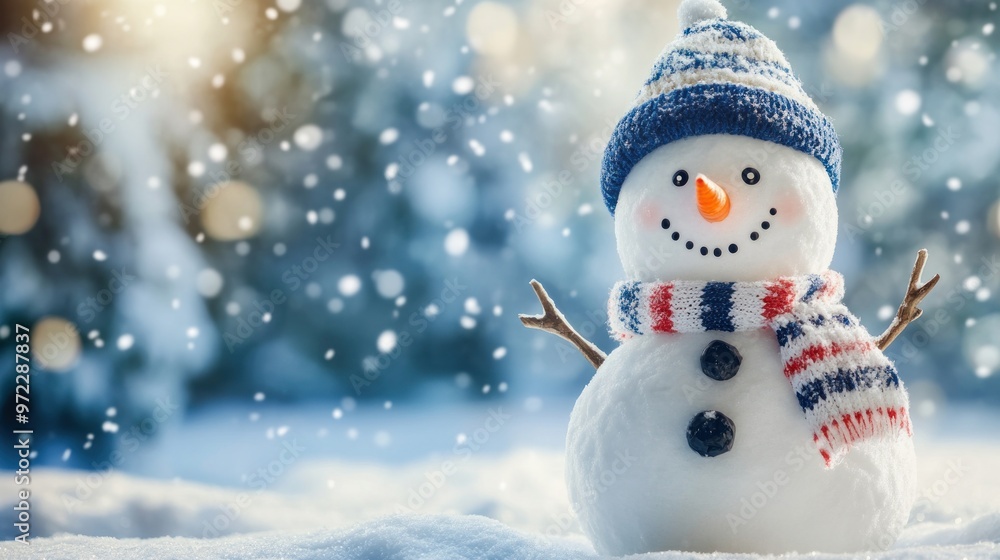 Fototapeta premium cheerful snowman in a snowy landscape