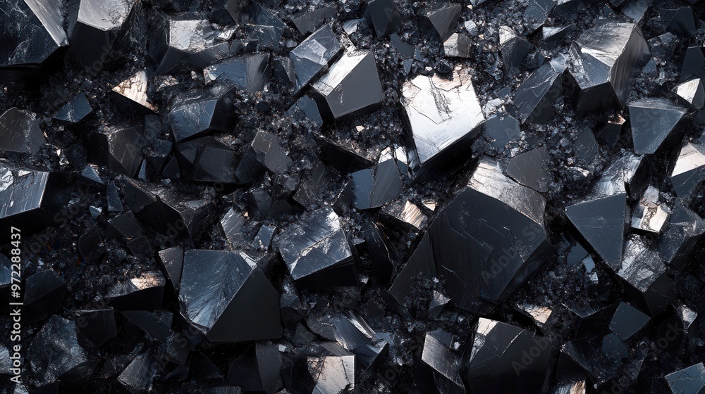 A close-up view of shiny black crystals with sharp edges, showcasing their unique texture and reflective surfaces. A close-up view of shiny black crystals with sharp edges, showcasing their unique texture and reflective surfaces.