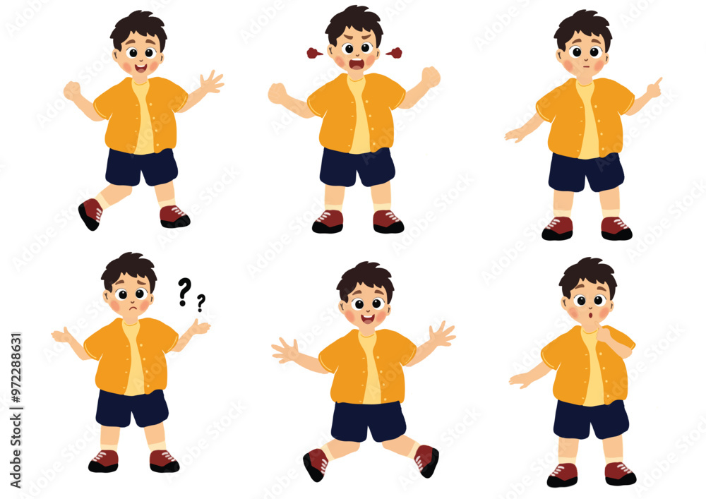 Cute little boy in various expressions and movement sets