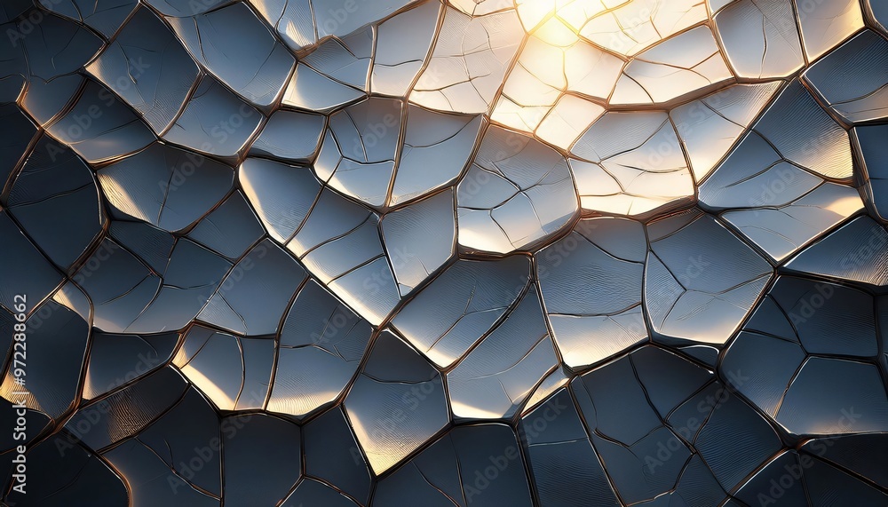 Abstract 3d rendering of a metallic surface breaking apart revealing golden light underneath Abstract 3d rendering of a metallic surface breaking apart revealing golden light underneath