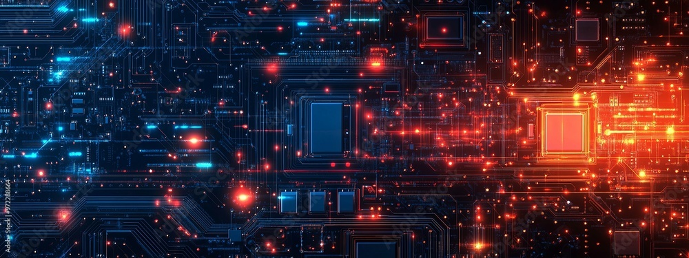 Glowing Circuit Board with Red and Blue Lights Glowing Circuit Board with Red and Blue Lights