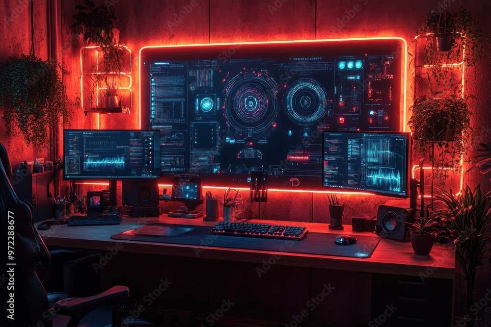 A high-tech gaming setup with ambient lighting and multiple screens. A high-tech gaming setup with ambient lighting and multiple screens.