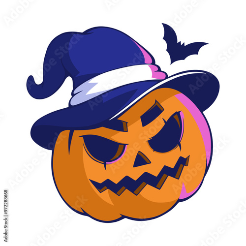 Sticker, patches, labels, tags, stamps with cute jack o lantern pumpkin monsters. Witch hat and bat. Happy Halloween.