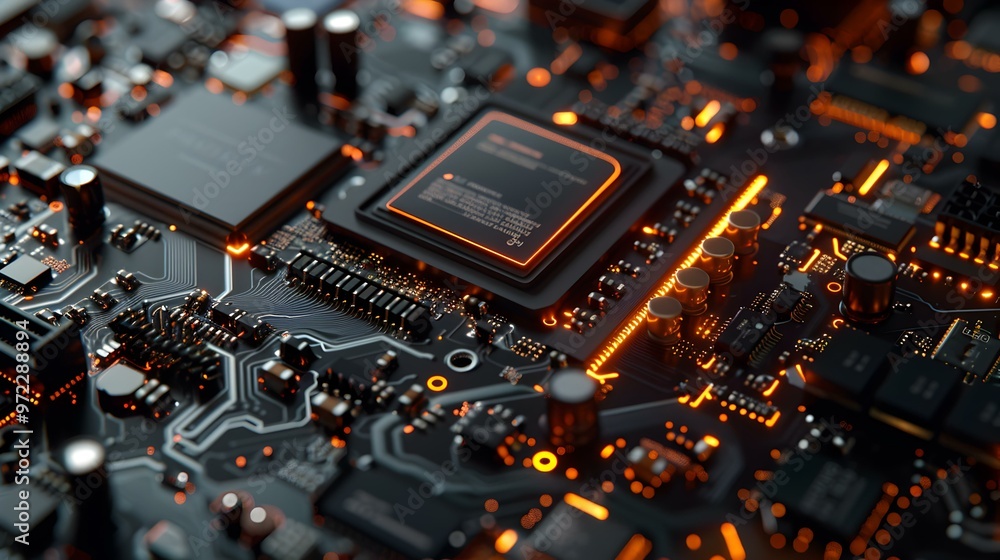 Close-up of a Circuit Board with a Glowing Microchip Close-up of a Circuit Board with a Glowing Microchip