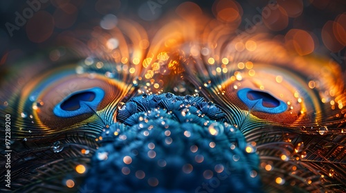 Close-up of a peacock feather with water droplets and bokeh lights.