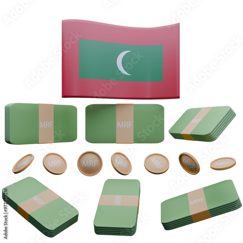 3D render illustration of Maldives flag and currency called Rufiyaa photo