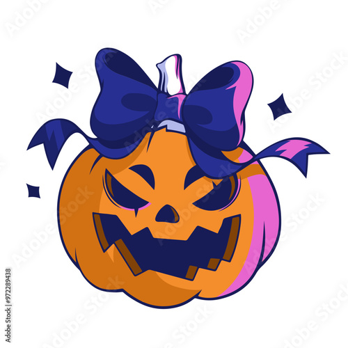 Sticker, patches, labels, tags, stamps with cute jack o lantern pumpkin monsters. Bow on the head. Happy Halloween.