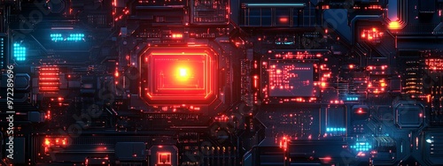 Glowing Circuit Board with Red and Blue Lights