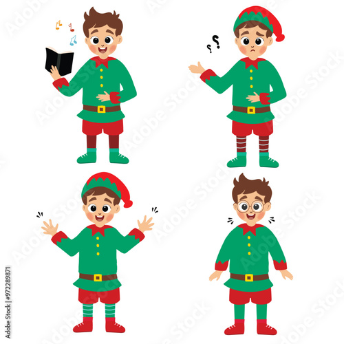 happy cute little boys wearing green elf Christmas costume