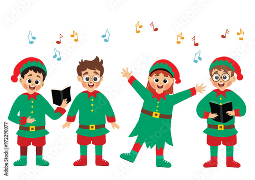 a collection of icons of cute and happy childerns singing and wearing green elf Christmas costumes photo