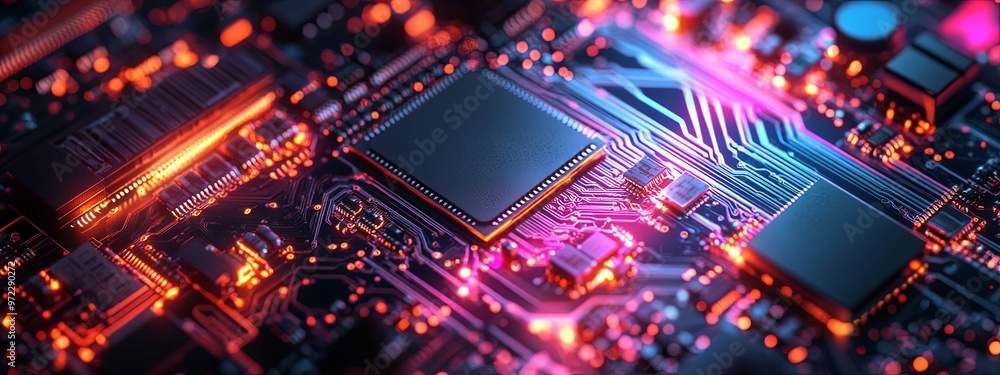 Close-up of a Circuit Board with Glowing Red and Blue Traces Close-up of a Circuit Board with Glowing Red and Blue Traces