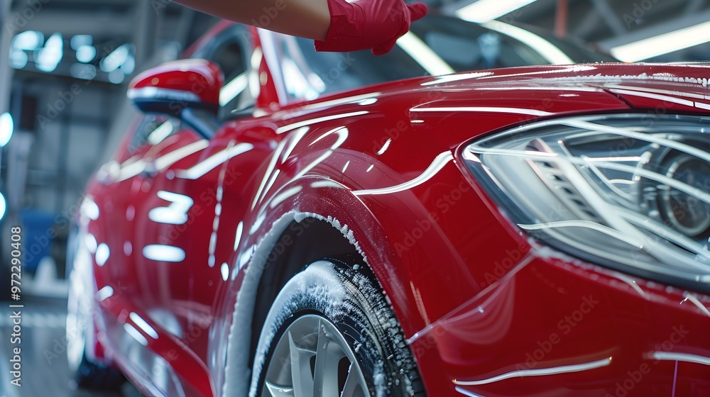 Red Car Being Washed With Foam Automotive Detailing Red Car Being Washed With Foam Automotive Detailing