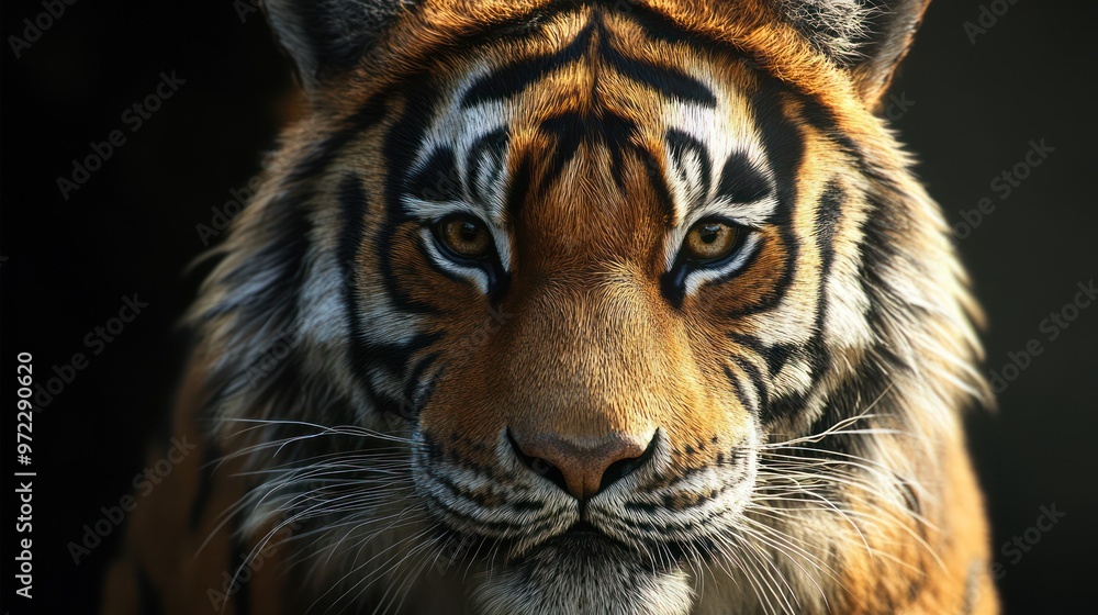 Naklejka premium A majestic Bengal tiger gazing intensely with piercing eyes, showcasing its vibrant orange fur and striking black stripes.