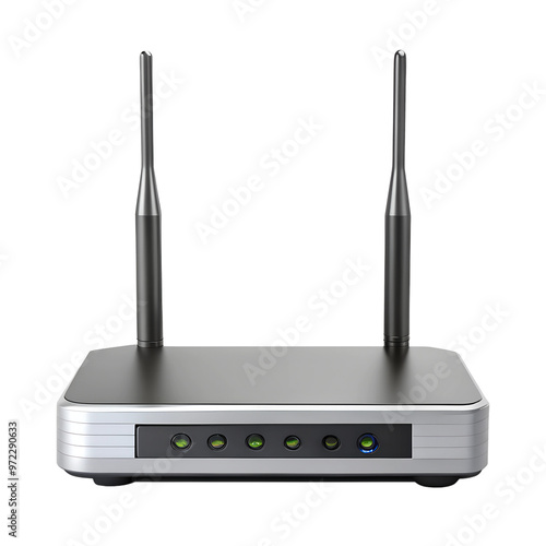 A modern wireless router with dual antennas and LED indicators designed for high-speed internet connectivity. photo