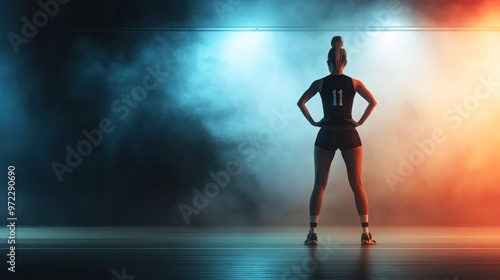 A determined young Caucasian female athlete, wearing a sports jersey and shorts, stands confidently in a dramatic spotlight.