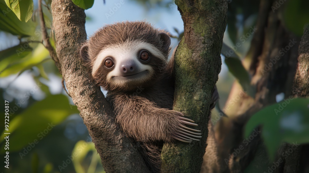 Fototapeta premium A cute sloth resting on a tree branch amidst lush green leaves, showcasing its adorable face and gentle demeanor.