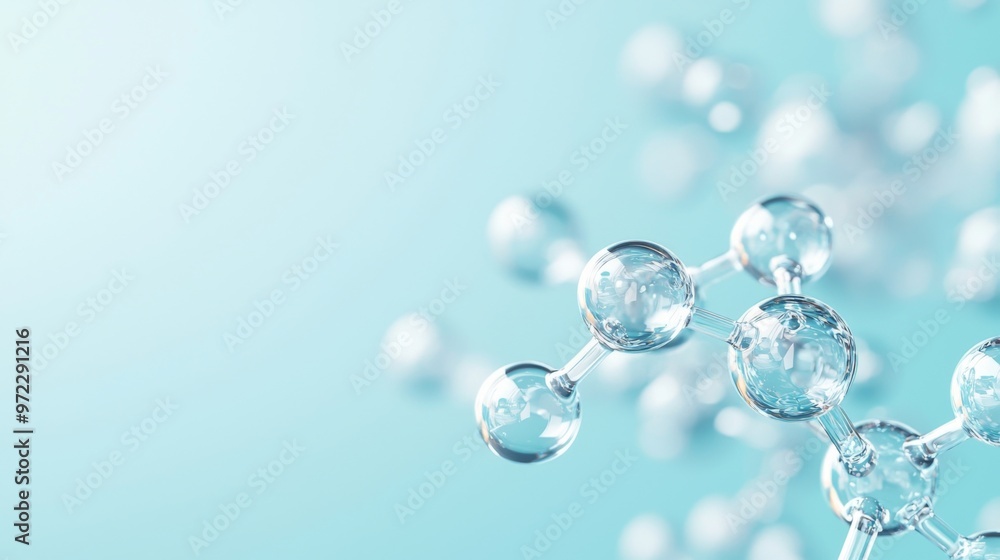3D glass molecules on light blue background, representing biochemical and pharmaceutical concepts, minimalist design with a clean and simple aesthetic, emphasizes clarity and focus. 3D glass molecules on light blue background, representing biochemical and pharmaceutical concepts, minimalist design with a clean and simple aesthetic, emphasizes clarity and focus.