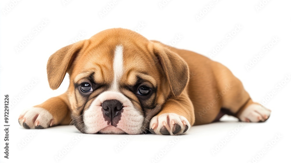 Adorable brown and white puppy resting with a sad expression, showcasing its big eyes and cute features. Adorable brown and white puppy resting with a sad expression, showcasing its big eyes and cute features.