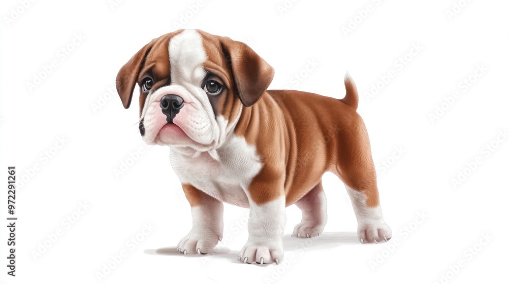 Fototapeta premium A cute, playful brown and white bulldog puppy stands confidently with a charming expression.
