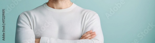 Wallpaper Mural Closeup of a 3D male character with arms crossed, minimalist background emphasizing simplicity and clean lines, creating a sense of calm and focus. Torontodigital.ca