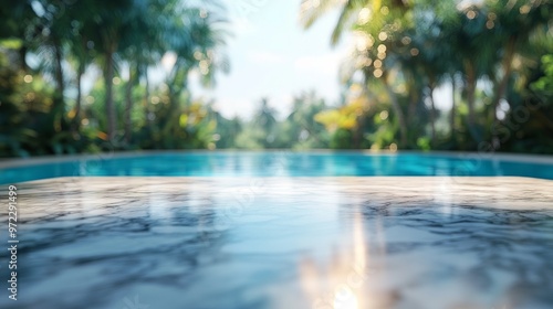 Empty marble table in front with blurred background of swimming pool