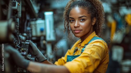 Portrait of a confident woman in yellow shirt working with machinery, showcasing skill and professionalism in an industrial setting.