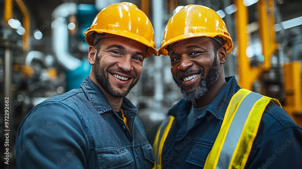 Two happy workers in hard hats smile together in a vibrant industrial setting, showcasing teamwork and safety. Two happy workers in hard hats smile together in a vibrant industrial setting, showcasing teamwork and safety.