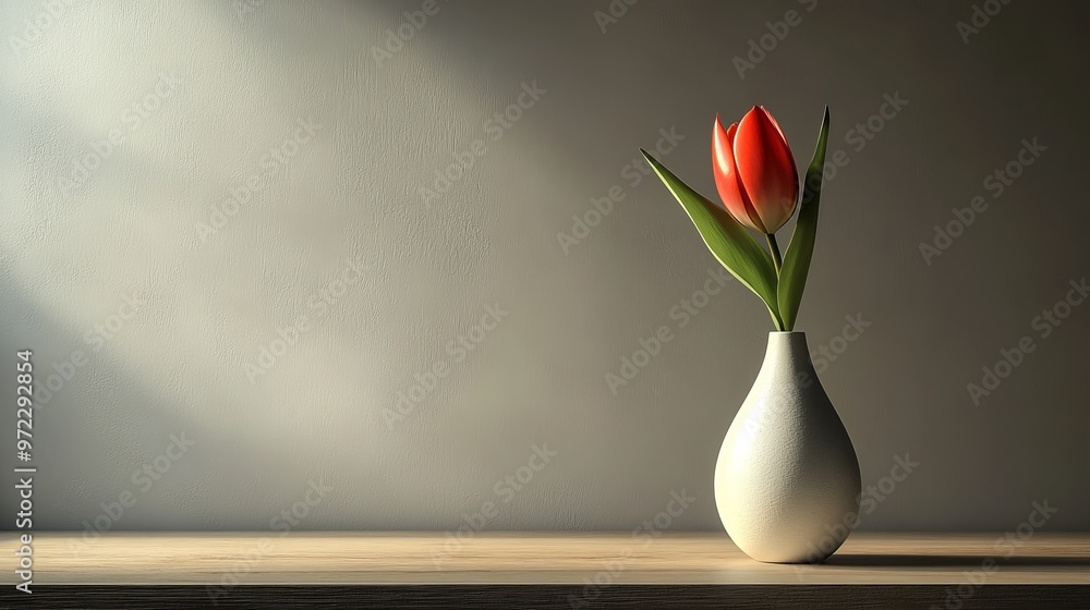 Minimalist still life with a single white ceramic vase holding one tulip, placed on a plain wooden table against a neutral background, 4K hyperrealistic photo. Minimalist still life with a single white ceramic vase holding one tulip, placed on a plain wooden table against a neutral background, 4K hyperrealistic photo.