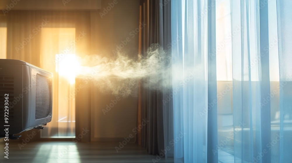 An air conditioning unit blowing out cool air into a room An air conditioning unit blowing out cool air into a room