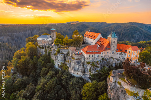 Village Hohnstein with Hohnstein castle and medieval half-timbered houses. Medieval building in Saxon Switzerland