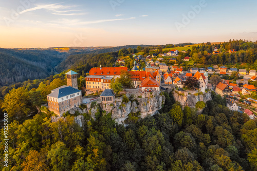 Village Hohnstein with Hohnstein castle and medieval half-timbered houses. Medieval building in Saxon Switzerland