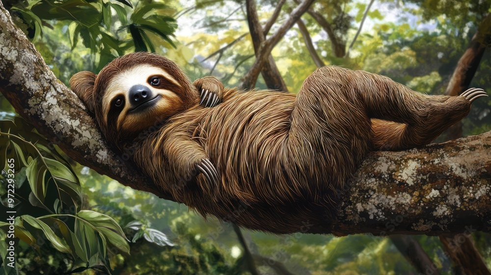 Fototapeta premium A relaxed sloth rests comfortably on a tree branch in a vibrant, sunlit rainforest setting.