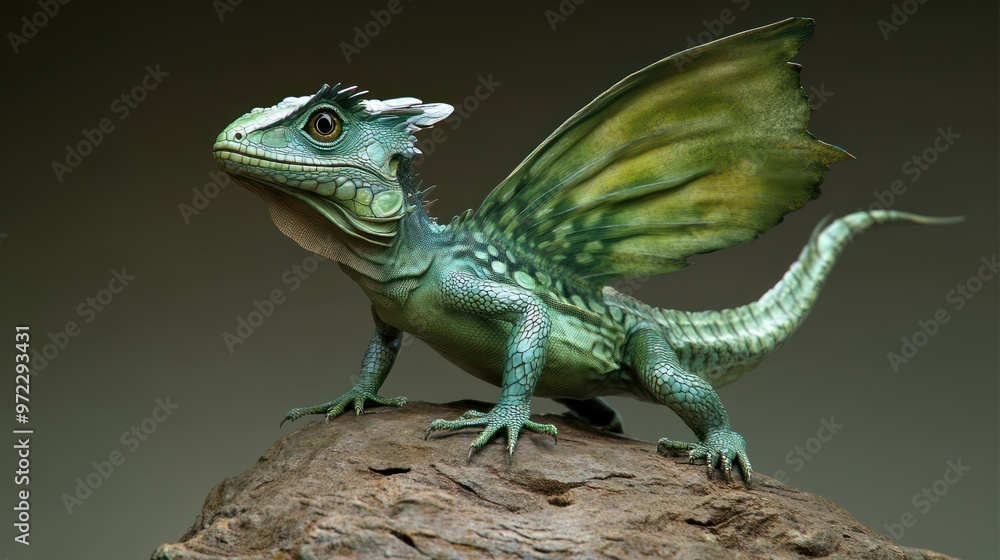 A whimsical green dragon-like creature with intricate wings and scales, perched on a rock against a muted backdrop. A whimsical green dragon-like creature with intricate wings and scales, perched on a rock against a muted backdrop.