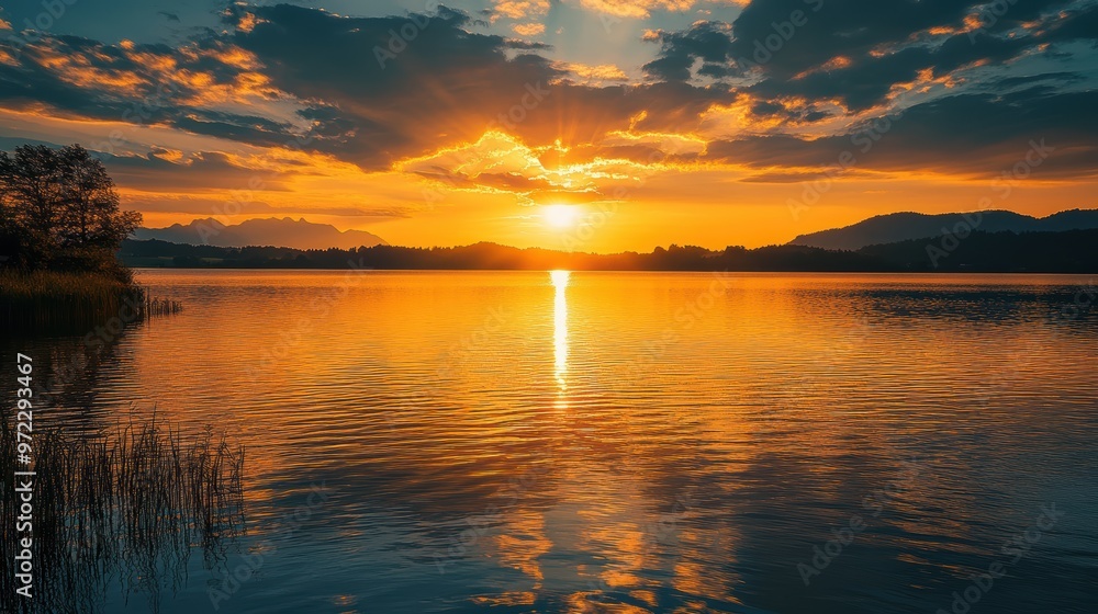 Fototapeta premium Golden Sunset Over Serene Mountain Lake 