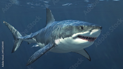 A majestic great white shark swimming gracefully underwater, showcasing its powerful presence.