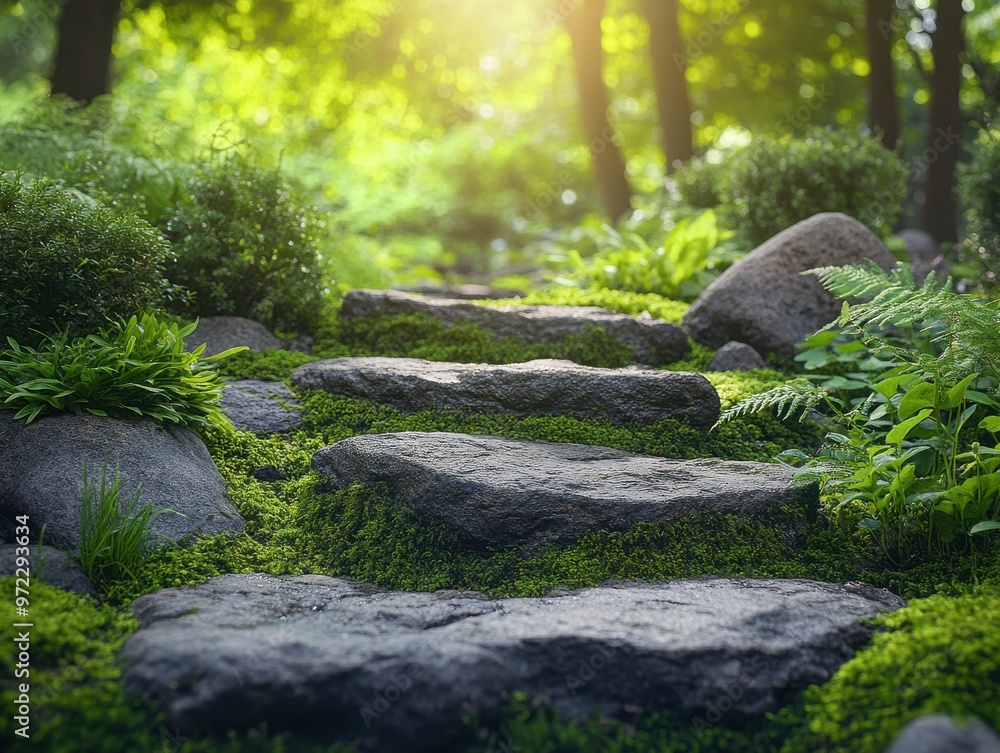 Close-up of stone steps leading through a lush green forest, surrounded by moss, plants.
Close-up of stone steps leading through a lush green forest, surrounded by moss, plants.