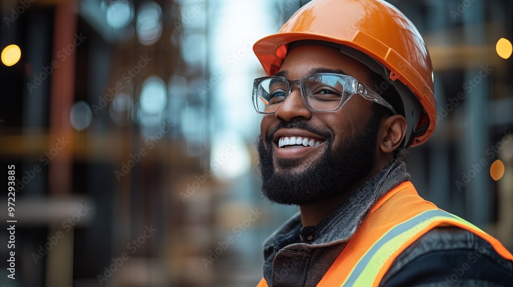 A cheerful construction worker wearing safety gear, including a hard hat, smiles confidently on a construction site, conveying positivity, safety, and hard work. A cheerful construction worker wearing safety gear, including a hard hat, smiles confidently on a construction site, conveying positivity, safety, and hard work.