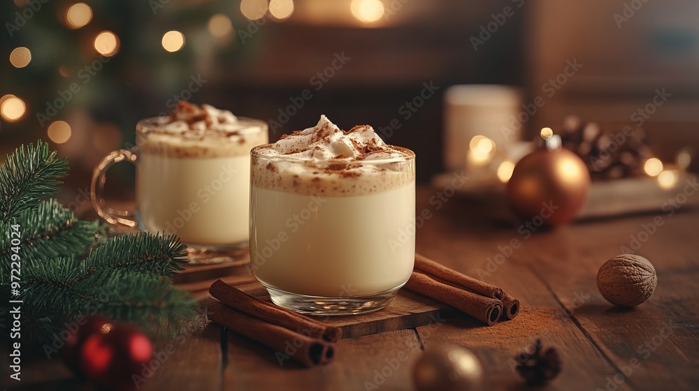 Making homemade eggnog in a festive kitchen, with nutmeg, cinnamon sticks, and holiday mugs ready for serving. 4K hyperrealistic photo. Making homemade eggnog in a festive kitchen, with nutmeg, cinnamon sticks, and holiday mugs ready for serving. 4K hyperrealistic photo.