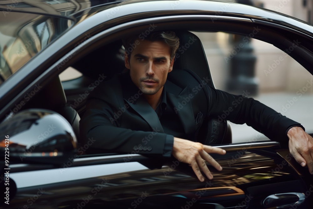 A spectacular man is sitting in a car A spectacular man is sitting in a car