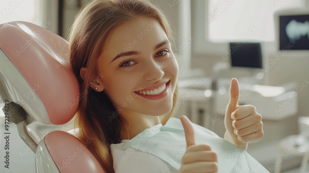 A young Caucasian woman smiles and gives a thumbs up in a dental clinic, showcasing confidence and satisfaction. A young Caucasian woman smiles and gives a thumbs up in a dental clinic, showcasing confidence and satisfaction.