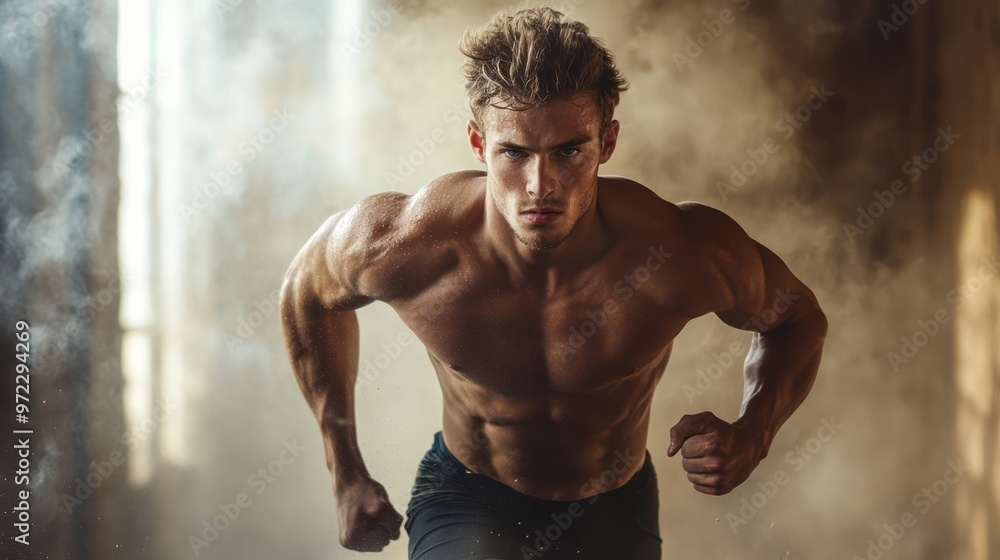Fototapeta premium A muscular young Caucasian man sprinting powerfully in a dynamic motion, showcasing his strength in a smoky gym environment.