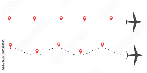 Plane timeine trail dashed line with pin. Infographic destination work process template. Airplane icons, roadmap infographic and travel path routes with location