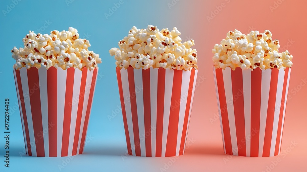 Three images of a cartoon-style popcorn box against various backdrops. Three images of a cartoon-style popcorn box against various backdrops.