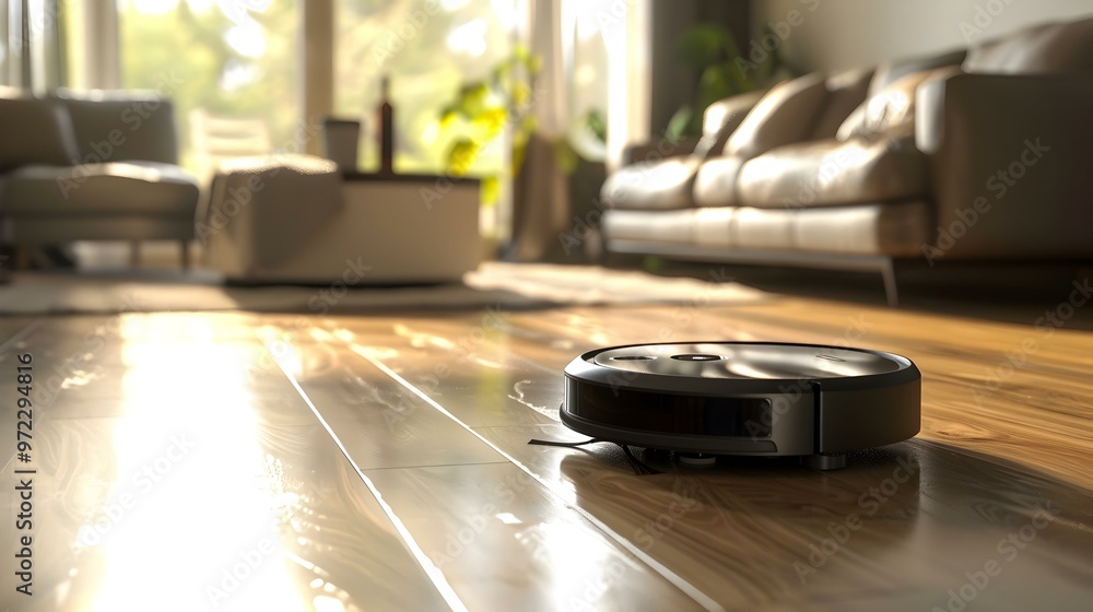 Robot Vacuum Cleaner on Hardwood Floor in Modern Living Room Robot Vacuum Cleaner on Hardwood Floor in Modern Living Room
