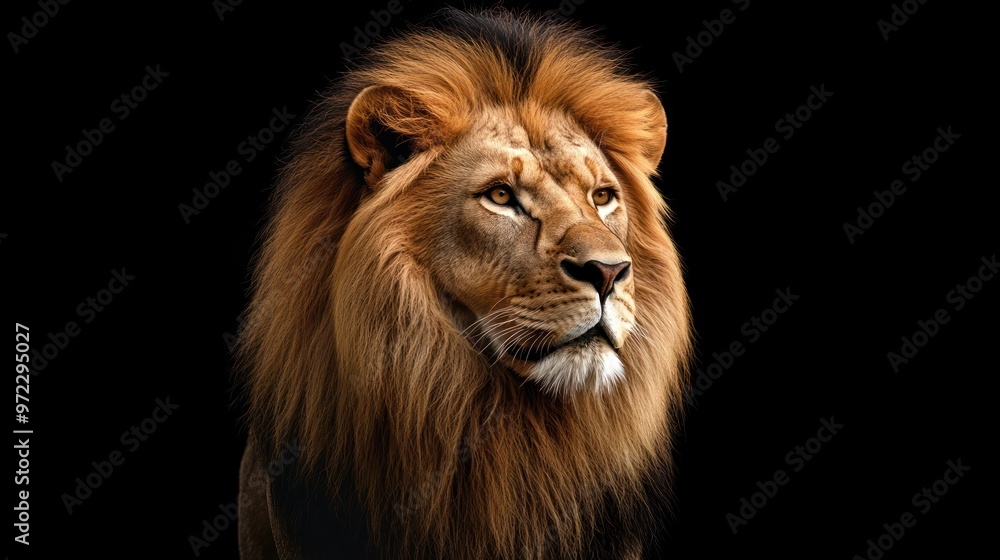 A majestic male lion with a magnificent mane, gazing thoughtfully against a dark background. A majestic male lion with a magnificent mane, gazing thoughtfully against a dark background.