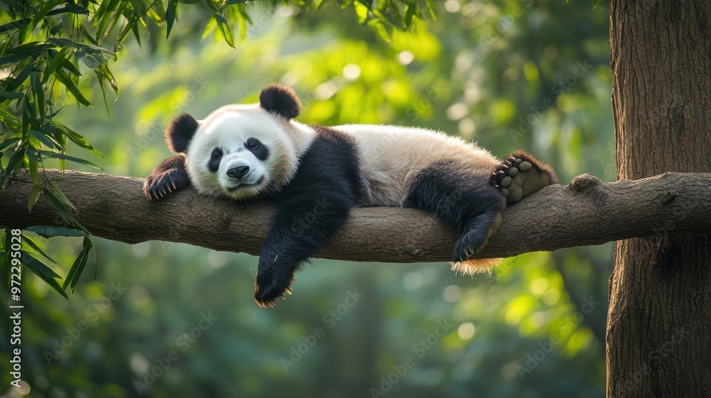 Obraz premium A relaxed giant panda lounging on a tree branch, surrounded by lush greenery and soft sunlight.