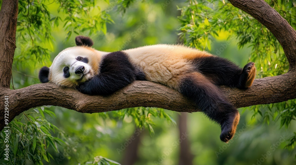 Fototapeta premium A content giant panda lounges on a tree branch, surrounded by lush greenery and soft sunlight.