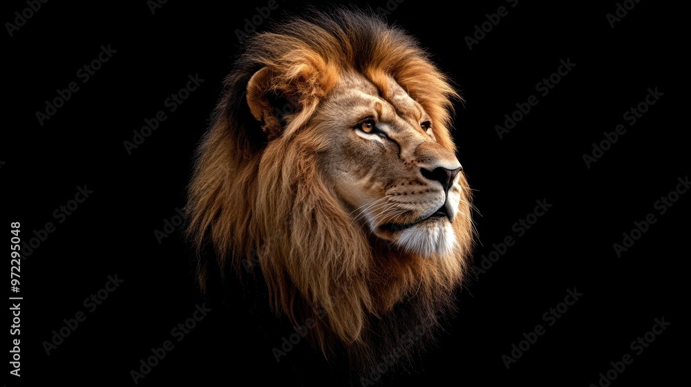 Fototapeta premium Majestic lion with a magnificent mane gazing thoughtfully into the distance against a black background.