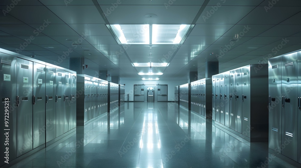 Modern Hallway with Rows of Metal Lockers Modern Hallway with Rows of Metal Lockers